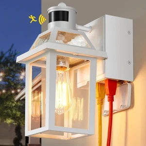 Porch Lights with GFCI Outlet, Dusk to Dawn Motion Sensor Outdoor, 3 Lighting... - Picture 1 of 9