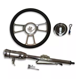 32" Chrome Manual Steering Column w/ Key & 14" Billet 9 Holes Steering Wheel Kit - Picture 1 of 14