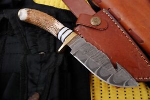EDC CUSTOM HANDMADE FORGED DAMASCUS STEEL HUNTING KNIFE Deer STAG Antler Handle