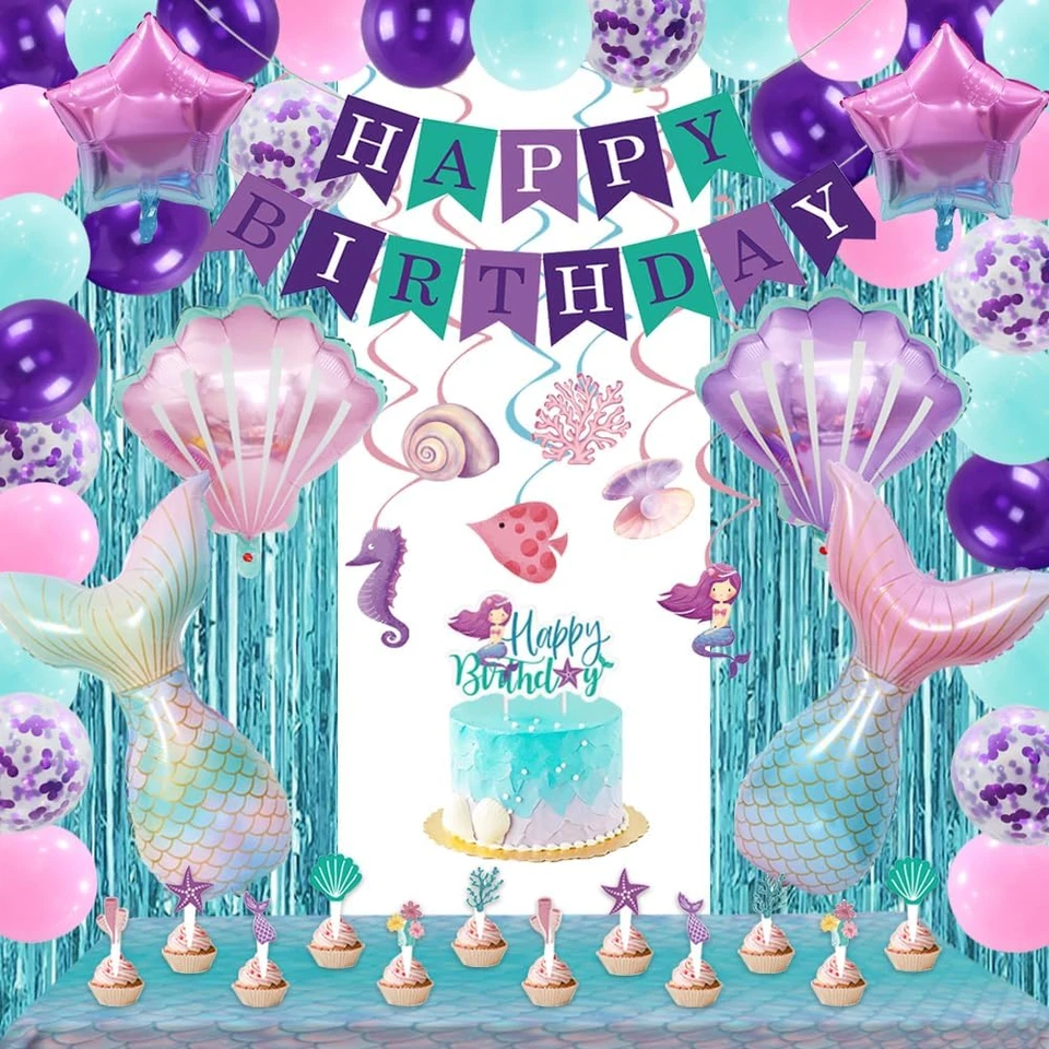 Mermaid Birthday Decor Set for Girls - Balloons, Banner, Tablecloth, Swirls - Image 1 of 4