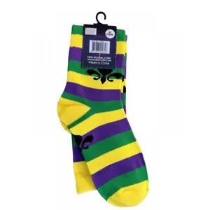 Karneval schwarze Fleur de Lis auf lila grün gelb gestreifte lange Herrensocken One - Bild 1 von 3