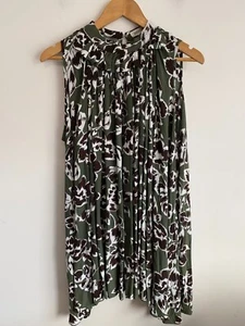 Ghospell Blouse Womens Small Green Floral Pleated Sleeveless High Neck Flowy Top - Picture 1 of 14