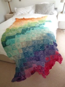 RAINBOW vintage hand made crochet throw CAMPER VAN 51"W X 90" AT LONGEST POINT - Picture 1 of 8