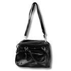 Small Black Faux Leather Women's Handbag Gold Accents Lots of Pockets