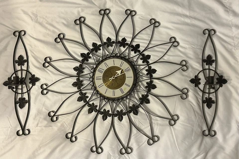Vintage Starburst Wrought Iron Wall Clock Candle Sconce Mid Century Modern Metal Cover