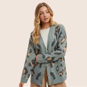 NEW Teal Button Up Leopard Cardigan - Picture 1 of 8
