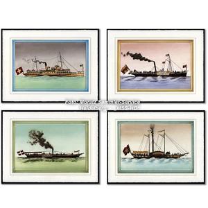 Farblithographien: 4 historische Bodenseeschiffe, Büttenpapier - handgerissen - Picture 1 of 5