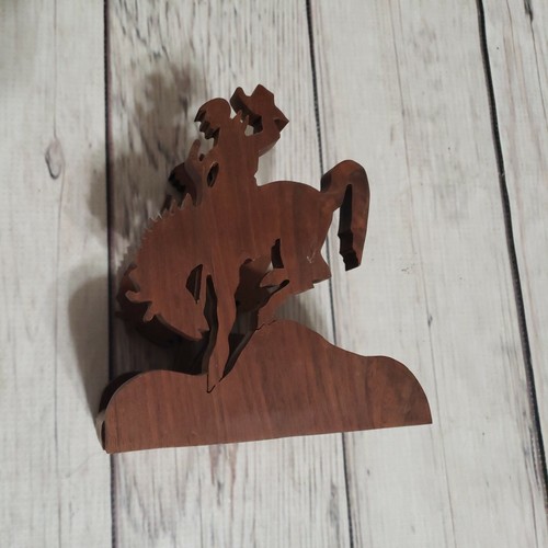 Wooden Horse COWBOY Western Hand Carved Mail Napkin Holder Double Silhouette