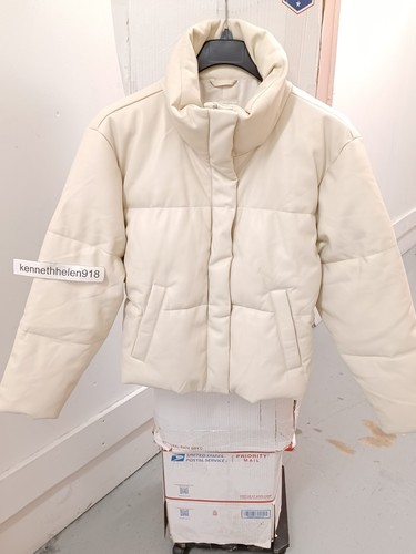 OFF WHITE ABERCROMBIE & FITCH A&F VEGAN PELLE MINI PUFFER JACKET PANNA BIANCO DONNA TG XL