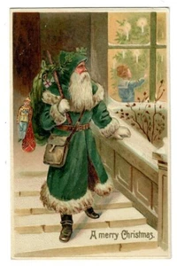 Vintage Weihnachts Postkarte Weihnachtsmann im grünen Gewand mit Beutel auf Stufen stehend - Bild 1 von 2
