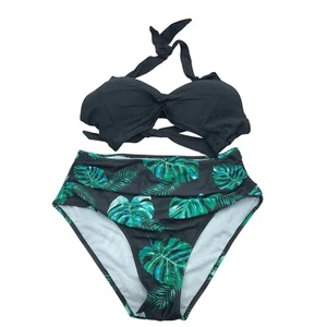 Tempt Me Bikini Set High Rise Palm Leaf Print Molded Cups Black Green L - Picture 1 of 3