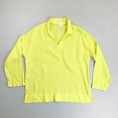 C&C California 100% Linen Popover Blouse Medium L/S Collared Lemon Yellow - Image 1 of 4