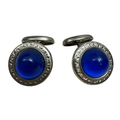 Gemelos vintage piedra azul tono plata redondos formales joyas para hombre Foto 1 de 4