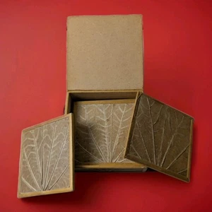 Handmade Natural Leaf Coaster Set Wood Box Philippine Fossil Leaf Impressions - Picture 1 of 5