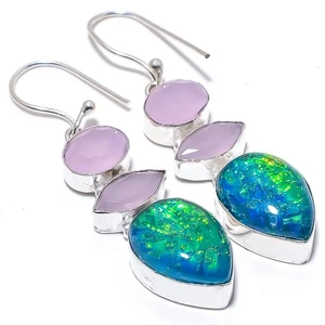 Triplet Fire Opal, Chalcedony Gemstone 925 Sterling Silver Jewelry Earring 2.2" - Picture 1 of 5