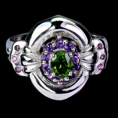 925 Sterling Silver Ring Oval Chrome Diopside 5x4mm Amethyst Gemstone Jewelry 8 - Image 1 of 4