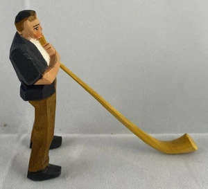 Miniature Hand Carved Wooden Swiss Man with Alphorn-3 1/2" tall - Picture 1 of 5