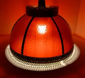 Vtg Red Curved Panel Stained Glass Metal Trim Swag Lamp Shade Only - Picture 1 of 10