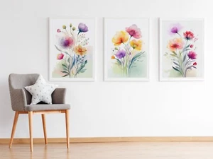 Set of 3 Watercolour Flowers Prints Wildflower Summer Posters Wall Art Pictures - Picture 1 of 5