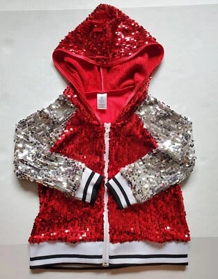Sequined Hip Hop Dance Zip Hoodie Costume Jacket Kids Sz M Red Silver Halloween - Image 1 of 4