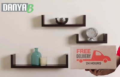 Estantes flotantes contemporáneos de MDF laminados en U para decoración de pared paquete de 3 estantes de nogal Foto 1 de 4