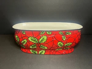 Red & Green Ceramic Holly Leaf Berries Oval Christmas Holiday Planter 13 x 5.25" - Picture 1 of 7