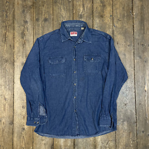 Wrangler USA Shirt Long Sleeve Western Denim Button Up, Blue, Mens Large