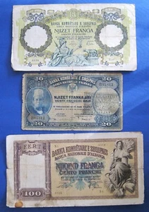 Albania Banknotes Set – 20 & 100 Franga – 1926, 1939, 1945 – Circulated Lot of 3 - Picture 1 of 2