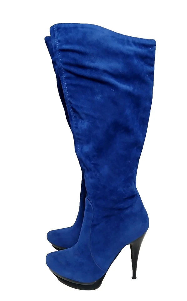 Botas hasta la rodilla Luichiny azules imitación gamuza plataforma tacón de aguja cremallera para mujer talla 5” Foto 1 de 4