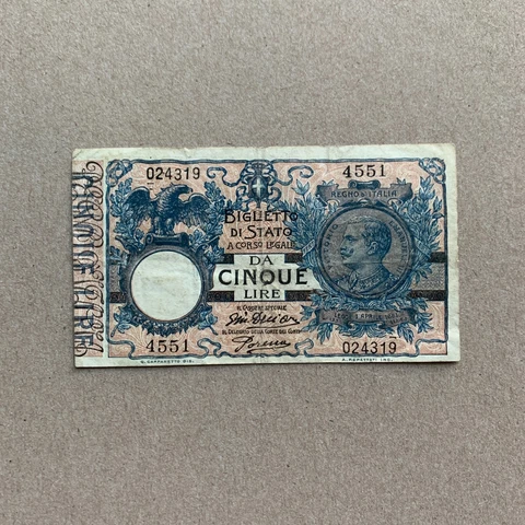 Italy 5 Lire 1904 P23e Biglietto Banknote Italian Currency KING EMMANUEL III Cover
