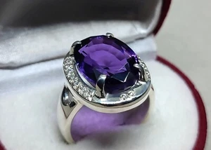 12 Carat Oval Cut Purple Amethyst Women Ring Sterling Silver 925 Handmade Ring - Picture 1 of 13