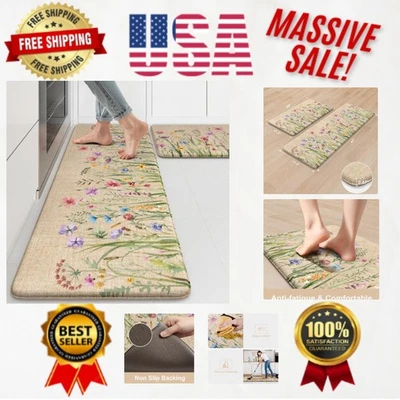 Cushioned Floral Kitchen Rugs Set - 17"x47" + 17"x29" for Ultimate Comfort - Image 1 of 4