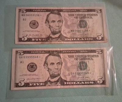 Two $5 Five Dollar Federal Reserve Note Star Notes (1-2013 &1-2021) - Image 1 of 4