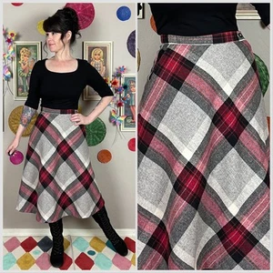 Vintage 1970s Grey and Red Wool Plaid High Waist A-line Skirt | 26" Waist - Picture 1 of 6