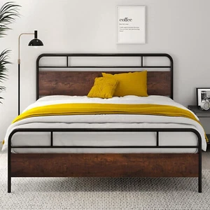 Heavy Duty Queen Size Metal Bed Frame with Wood Headboard, 12" Under Bed Storage - Picture 1 of 8