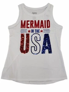 Girls Red White Blue Mermaid In The USA Sequin Patriotic Tank Top Shirt - Picture 1 of 1