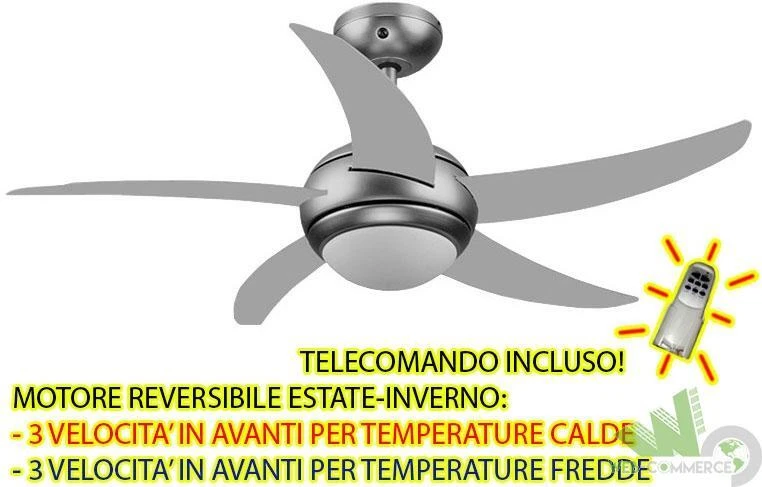 VENTILATORE PALE Ø 130 CM A SOFFITTO ARGENTO TELECOMANDO LAMPADARIO LUCE E27 65W - Immagine 1 di 2