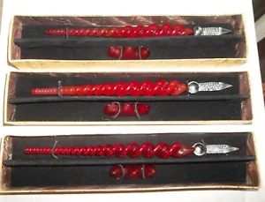 ~ Three Lovely Vintage Red Glass Dip Pens with Rests - New in original boxes ~ - Picture 1 of 7