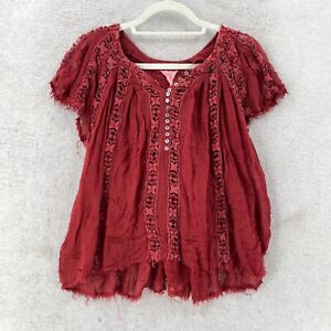 FP ONE Free People Boho Blouse Womens LARGE Red Floral Peasant Raw Edges Top