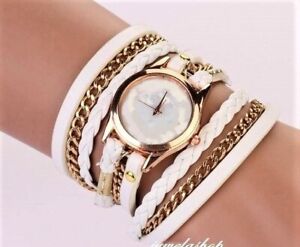 Sommer Stylische Damenuhr Mädchenuhr Weiß Leder Uhr Wickelarmband-Uhr Armbanduhr