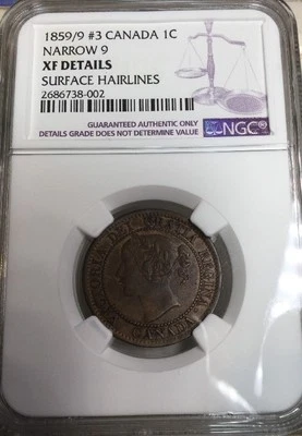 1859/9 #3 CANADA LARGE CENT CERTIFIED NGC XF NARROW 9 EXTRA FINE DP #3 RARE!! - Image 1 of 4
