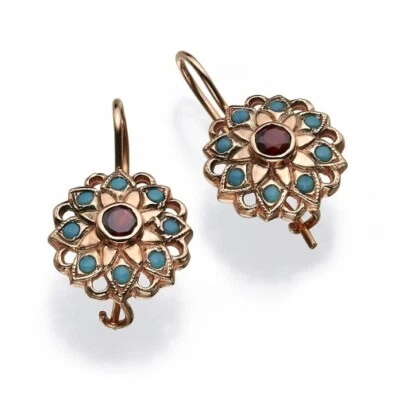 Pendientes colgantes de flores estilo vintage de oro rosa de 14 k con joyería granate y turquesa Foto 1 de 4