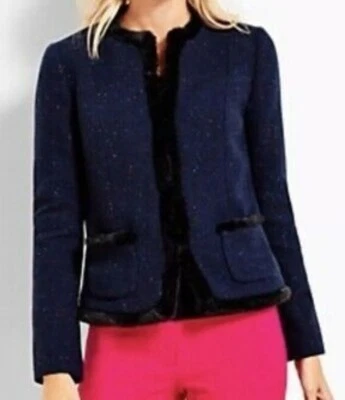 Blazer Talbots Mujer 10 Azul Marino Moteado Tweed Slub Imitación Piel Blazer Chaqueta Forrada Foto 1 de 4