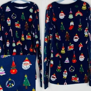 Lot of 2 Hanna Anderson Holiday Long John Pajama Top Navy, Kids Size 10 & 12 - Picture 1 of 16