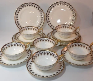 6 Cauldon Ltd Black & White 2724 Gilded Tea Trios Cups Saucers Plates 1920s VGC - Picture 1 of 17