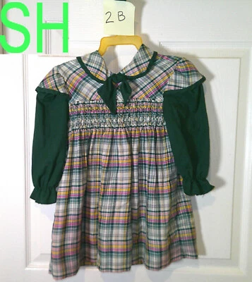 Vestido a Cuadros Verde Polly Flinders Vintage Años 70 Niñas Lazo Mangas Largas con Gorras Foto 1 de 4