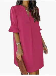 FEKOAFE Shift Dress for Women V Neck Short Sleeves Solid Color Casual Summer - Picture 1 of 1
