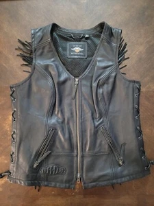 Harley Davidson Leather Vest Womens 2XL Black Motorcycle Biker Jacket Tassles - Picture 1 of 13