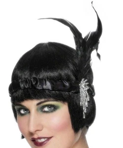 20s 1920s Charleston Flapper Headband & Feather Satin Fancy Dress Black New - Picture 1 of 1