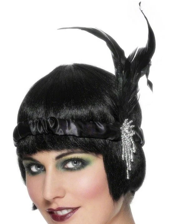 20s 1920s Charleston Flapper Headband & Feather Satin Fancy Dress Black New - Image 1 of 1